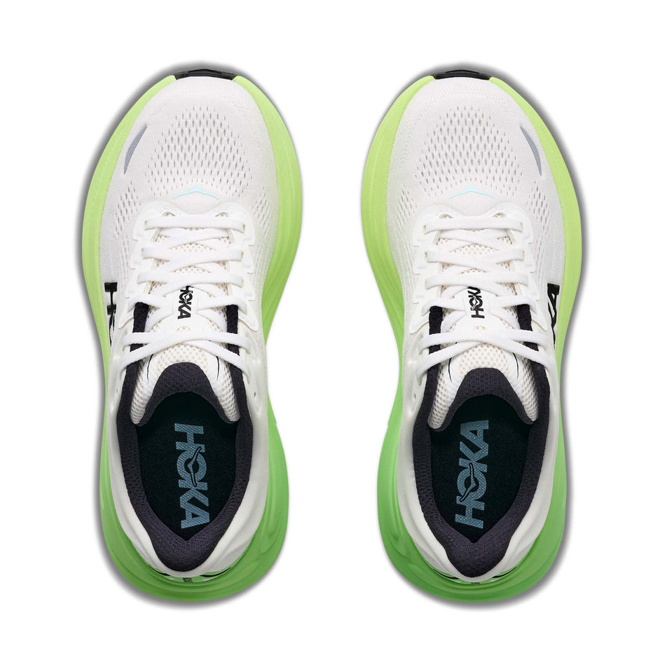 The uppers of a pair of HOKA Women's Bondi 9 Running Shoes in the White/Tart Apple colourway.