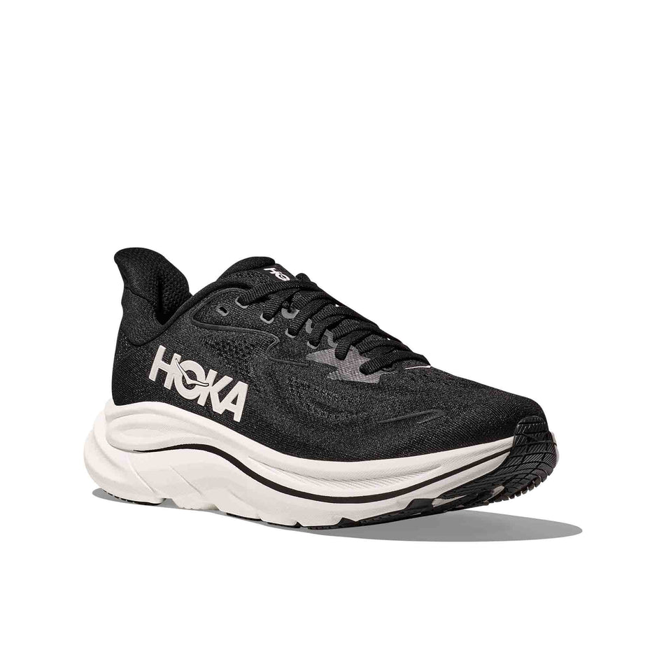 Lateral view of the right shoe from a pair of HOKA Men's Clifton 10 Running Shoes in the Black/White colourway. (8637695066274)