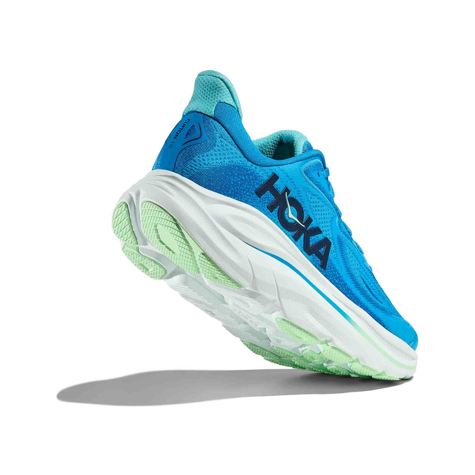 Lateral view - and outsole - of the right shoe from a pair of HOKA Men's Clifton 10 Running Shoes in the Hoka Blue/Skyward Blue colourway. (8637720035490)