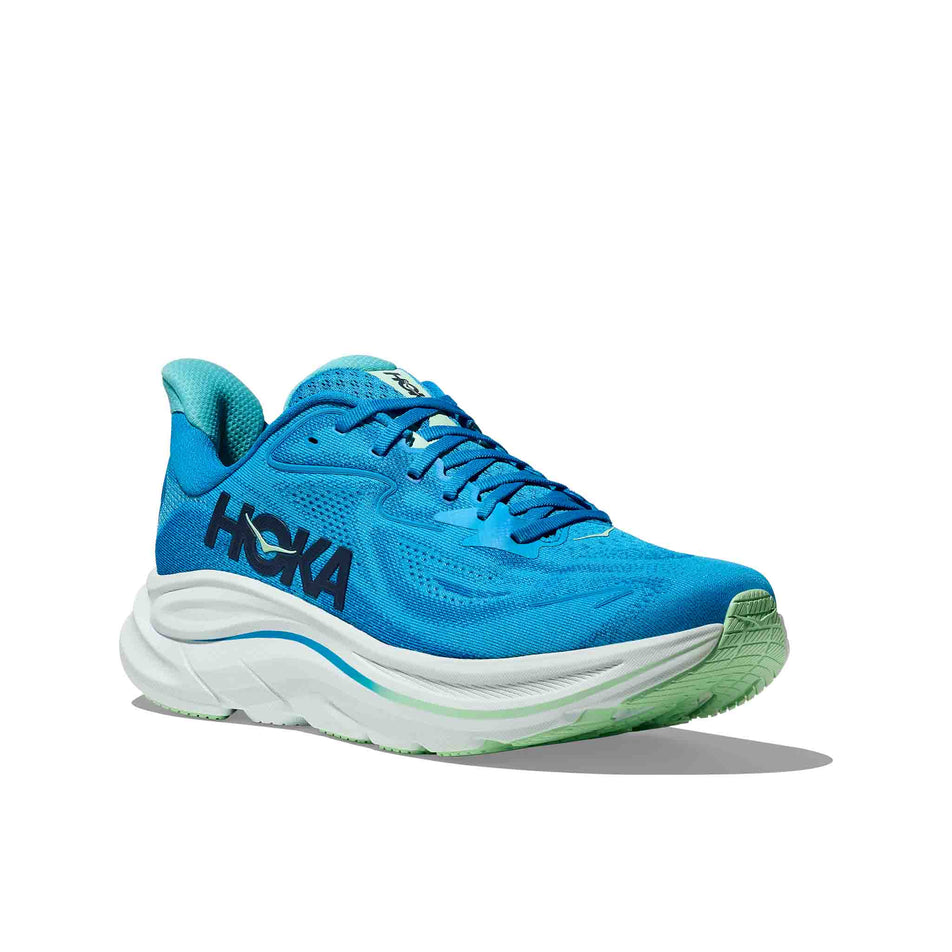 Lateral view of the right shoe from a pair of HOKA Men's Clifton 10 Running Shoes in the Hoka Blue/Skyward Blue colourway. (8637720035490)