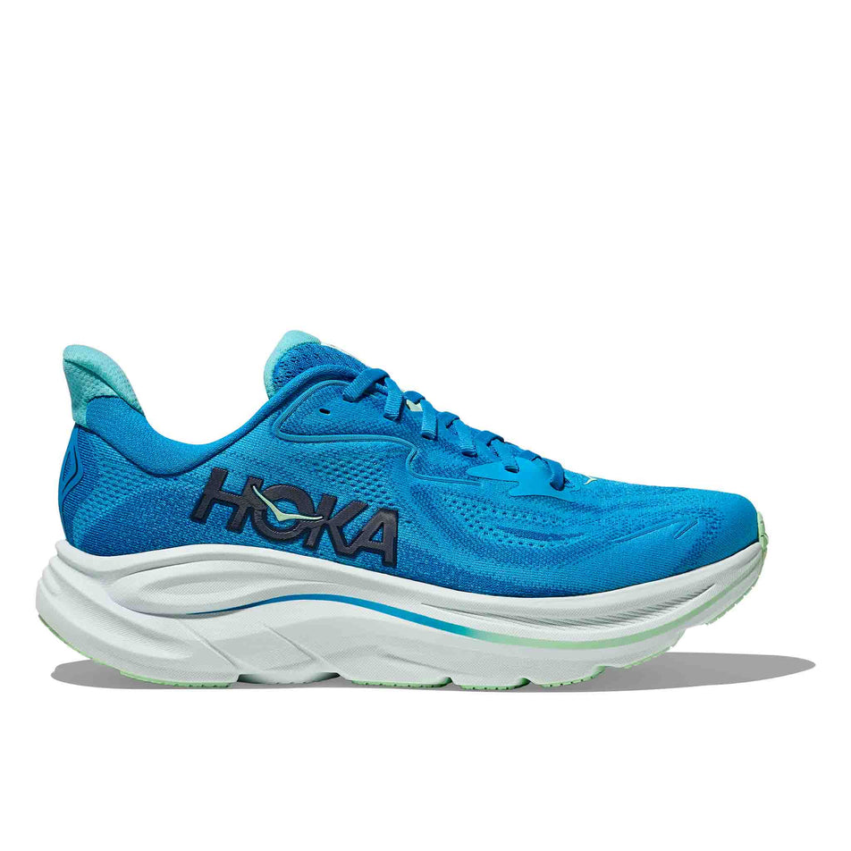 Lateral view of the right shoe from a pair of HOKA Men's Clifton 10 Running Shoes in the Hoka Blue/Skyward Blue colourway. (8637720035490)