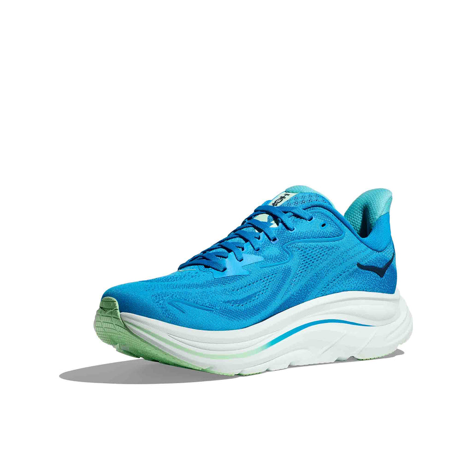 Medial view of the right shoe from a pair of HOKA Men's Clifton 10 Running Shoes in the Hoka Blue/Skyward Blue colourway. (8637720035490)