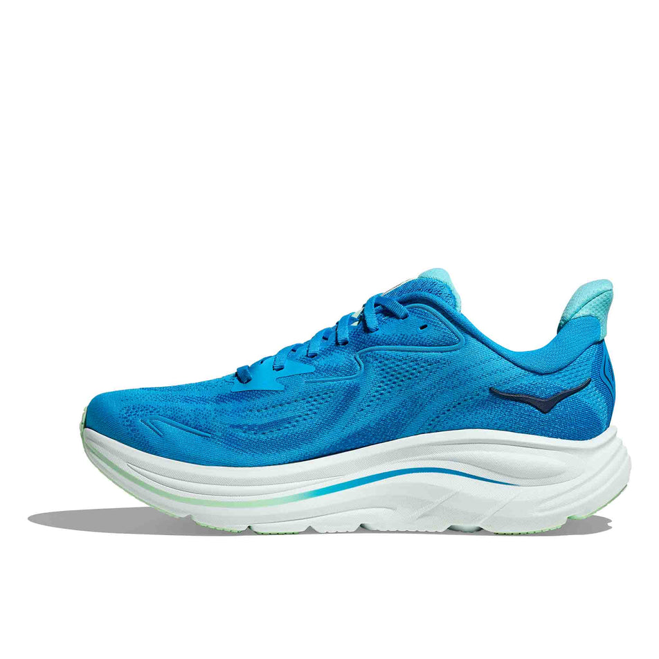 Medial view of the right shoe from a pair of HOKA Men's Clifton 10 Running Shoes in the Hoka Blue/Skyward Blue colourway. (8637720035490)