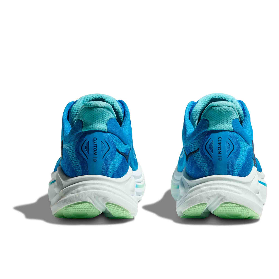 The back of a pair of HOKA Men's Clifton 10 Running Shoes in the Hoka Blue/Skyward Blue colourway. (8637720035490)