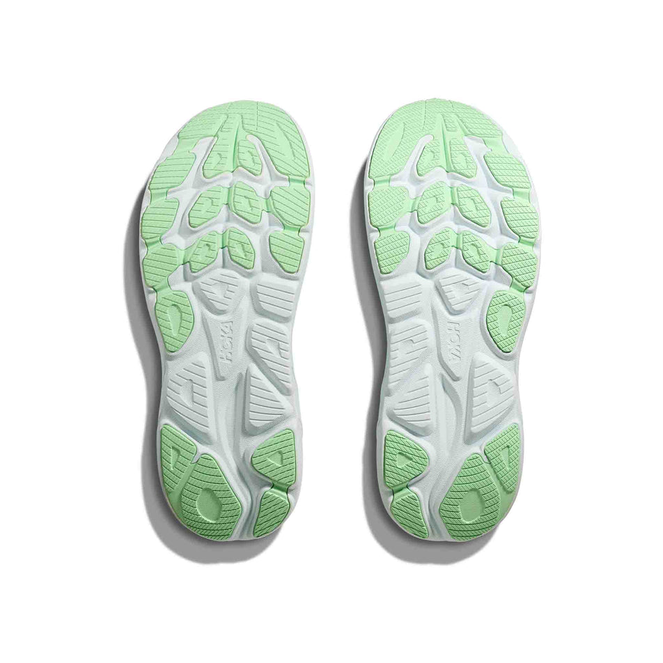 The outsoles of a pair of HOKA Men's Clifton 10 Running Shoes in the Hoka Blue/Skyward Blue colourway. (8637720035490)