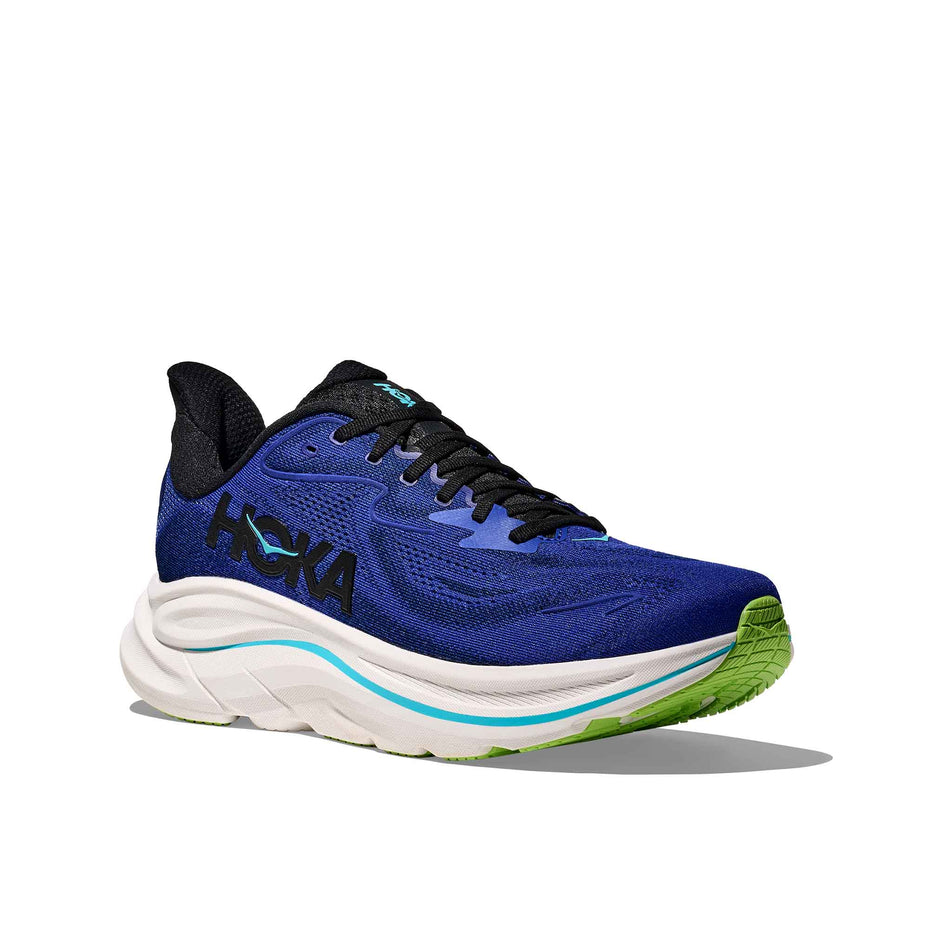 Lateral view of the right shoe from a pair of HOKA Men's Clifton 10 Running Shoes in the Night Sky/Midnight Blue colourway. (8689185095842)