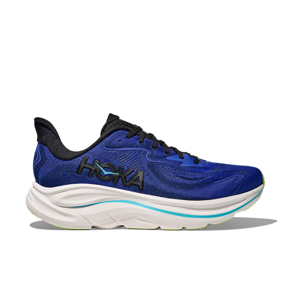 Lateral view of the right shoe from a pair of HOKA Men's Clifton 10 Running Shoes in the Night Sky/Midnight Blue colourway. (8689185095842)
