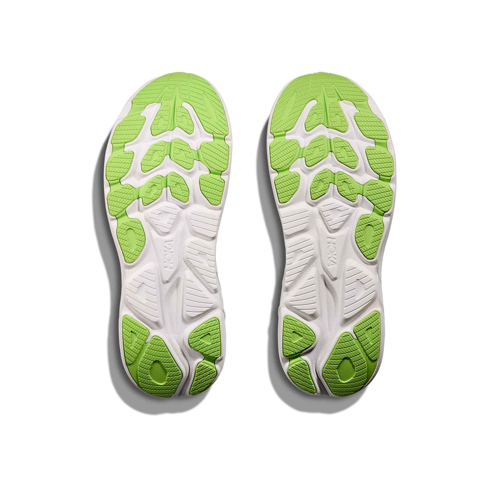 The outsoles of a pair of HOKA Men's Clifton 10 Running Shoes in the Night Sky/Midnight Blue colourway. (8689185095842)