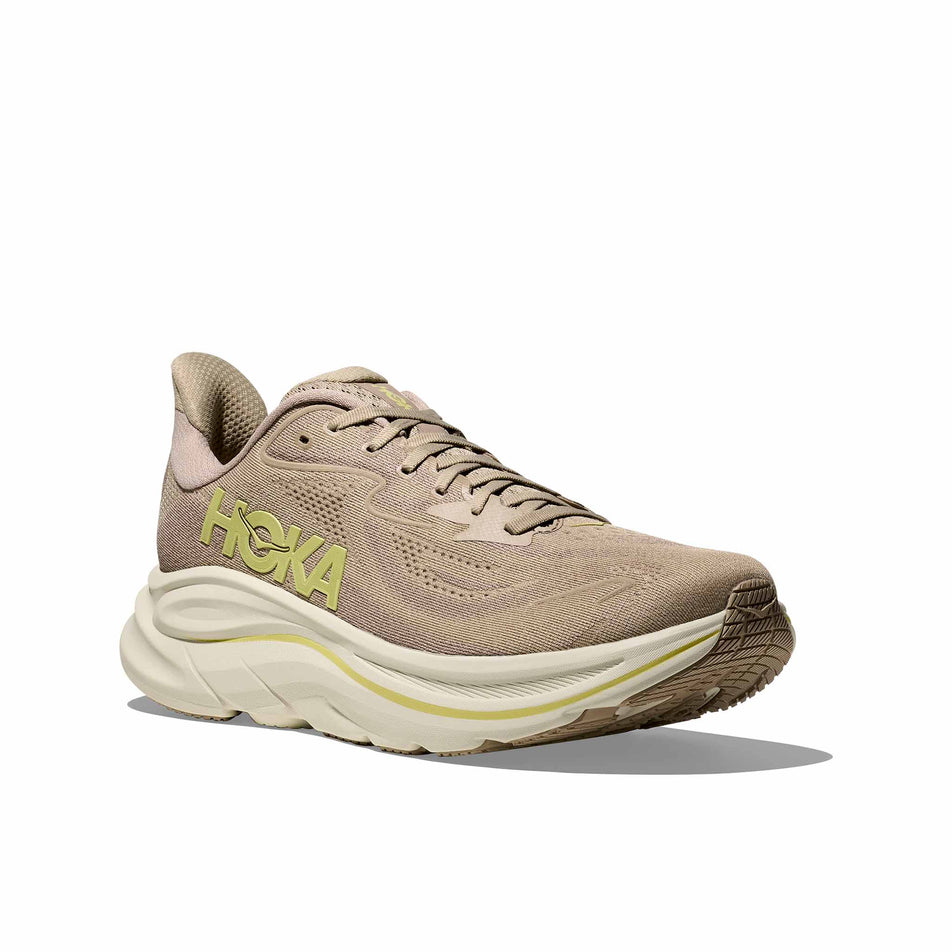 Lateral view of the right shoe from a pair of HOKA Men's Clifton 10 Running Shoes in the Raw Linen/Stone colourway. (8689189421218)