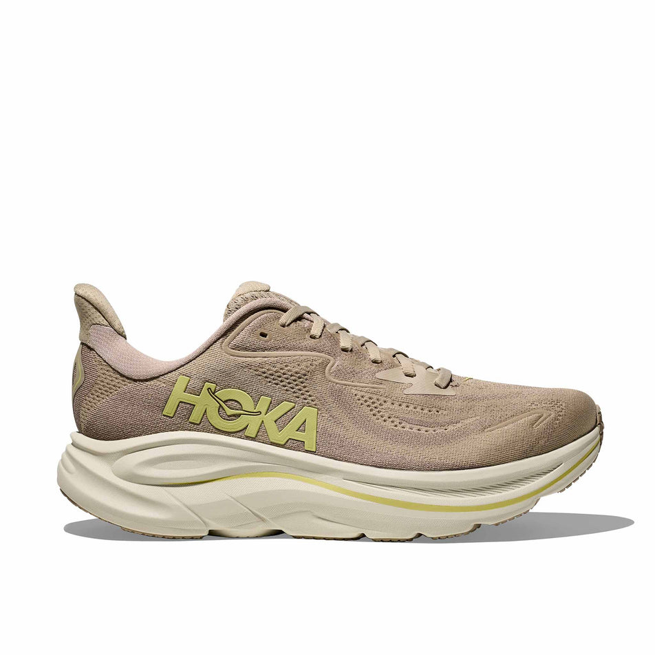 Lateral view of the right shoe from a pair of HOKA Men's Clifton 10 Running Shoes in the Raw Linen/Stone colourway. (8689189421218)