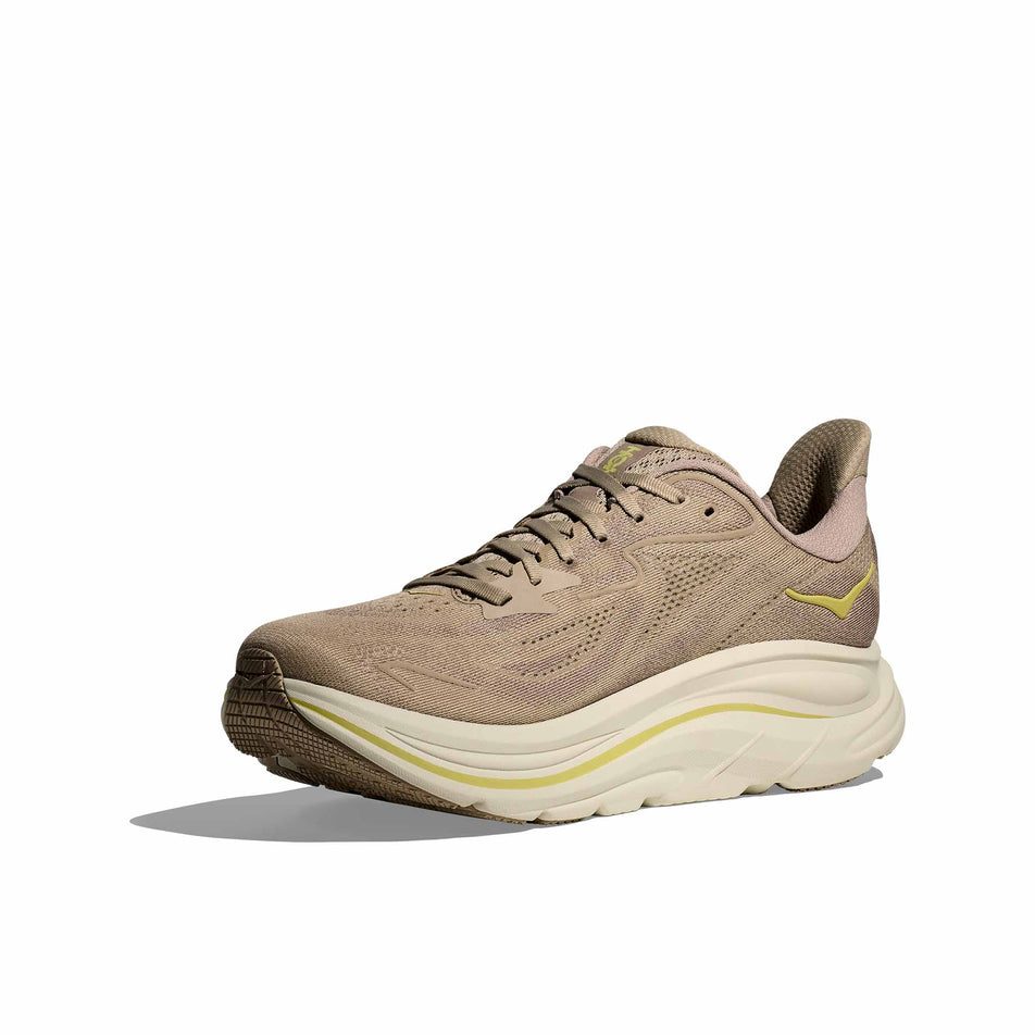 Medial view of the right shoe from a pair of HOKA Men's Clifton 10 Running Shoes in the Raw Linen/Stone colourway. (8689189421218)