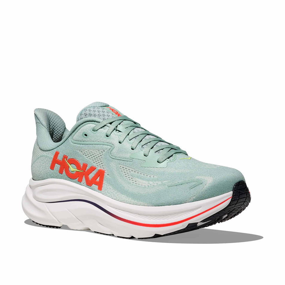 Lateral view of the right shoe from a pair of HOKA Men's Clifton 10 Running Shoes in the Sage/Neon Flame colourway.