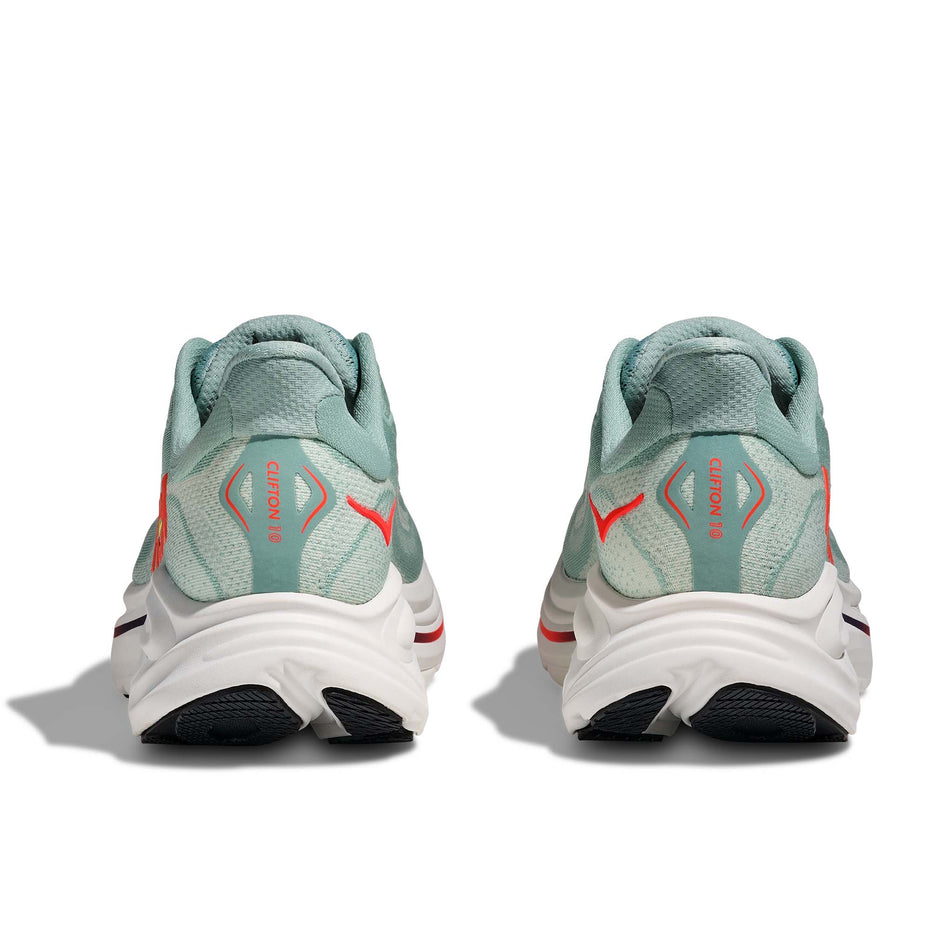 The back of a pair of HOKA Men's Clifton 10 Running Shoes in the Sage/Neon Flame colourway.