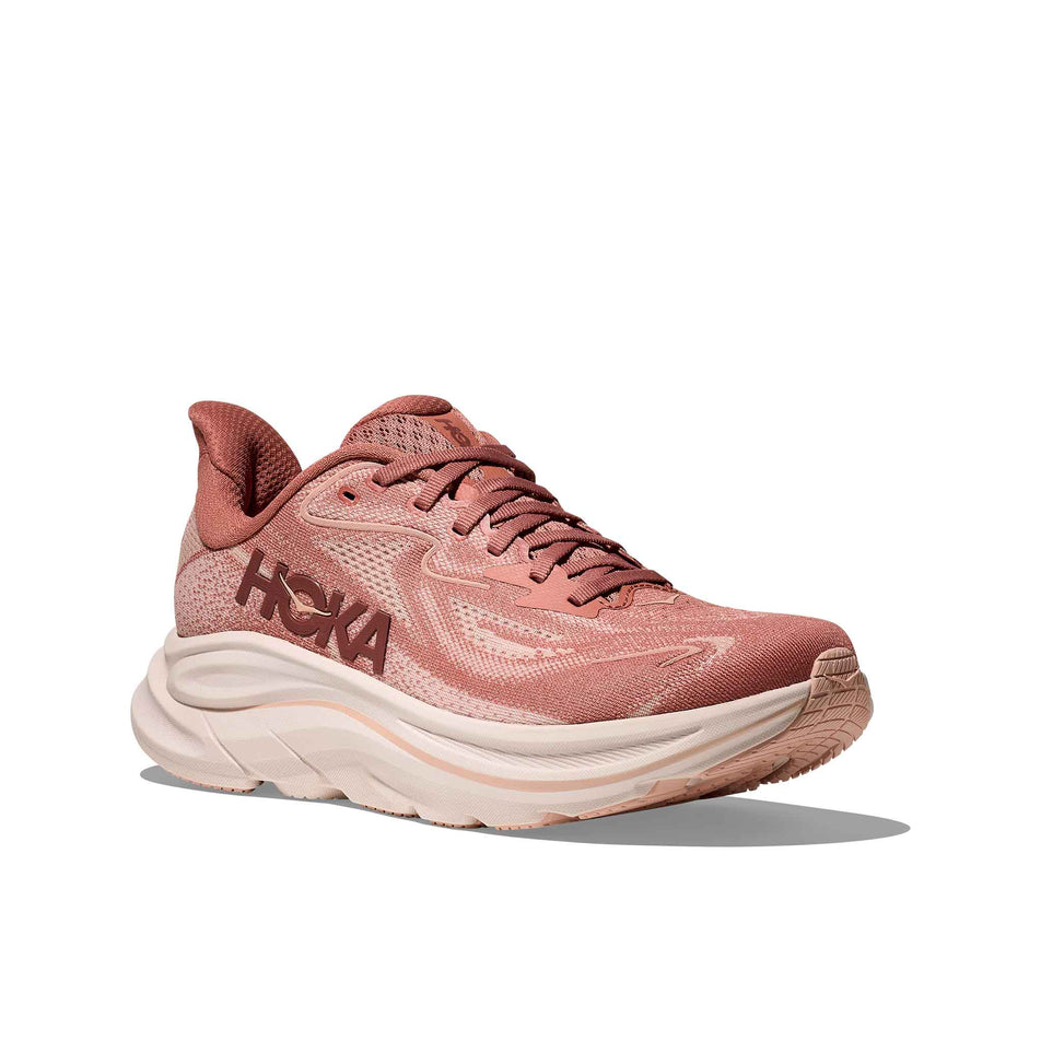 Lateral view of the right shoe from a pair of HOKA Women's Clifton 10 Running Shoes in the Blush/Rose Latte colourway. (8689269244066)
