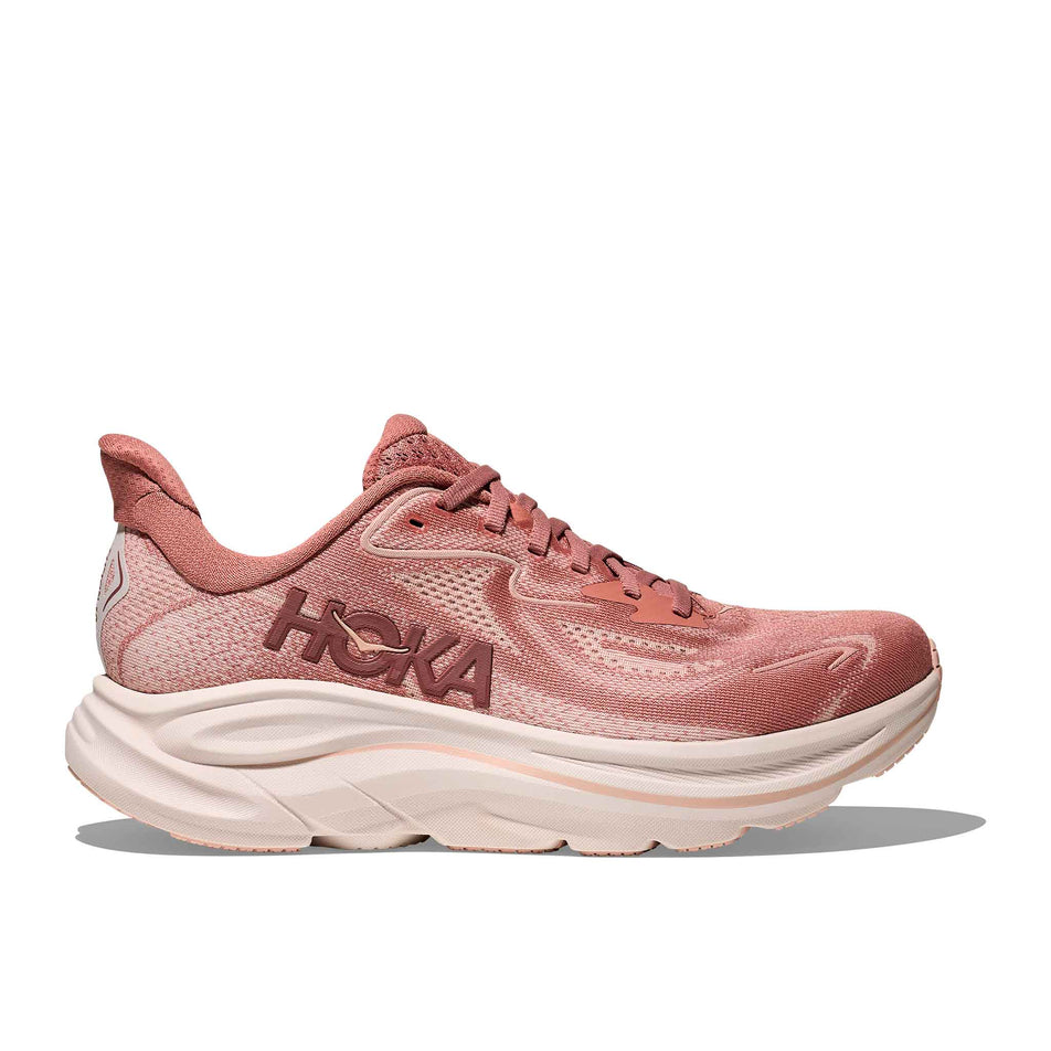 Lateral view of the right shoe from a pair of HOKA Women's Clifton 10 Running Shoes in the Blush/Rose Latte colourway. (8689269244066)