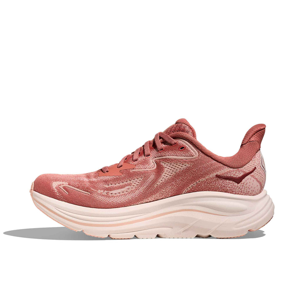 Medial view of the right shoe from a pair of HOKA Women's Clifton 10 Running Shoes in the Blush/Rose Latte colourway. (8689269244066)
