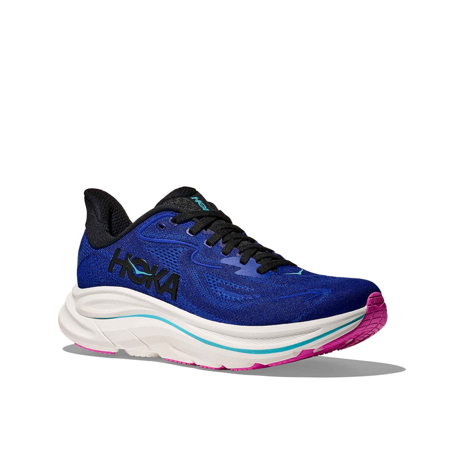 Lateral view of the right shoe from a pair of HOKA Women's Clifton 10 Running Shoes in the Night Sky/Ultramarine colourway. (8689257742498)