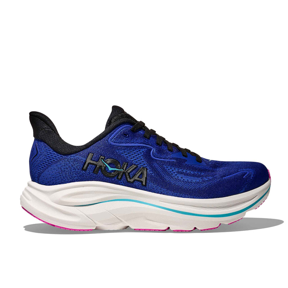 Lateral view of the right shoe from a pair of HOKA Women's Clifton 10 Running Shoes in the Night Sky/Ultramarine colourway. (8689257742498)