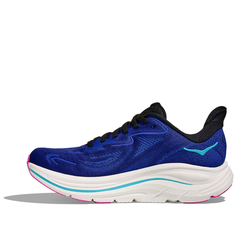Medial view of the right shoe from a pair of HOKA Women's Clifton 10 Running Shoes in the Night Sky/Ultramarine colourway. (8689257742498)
