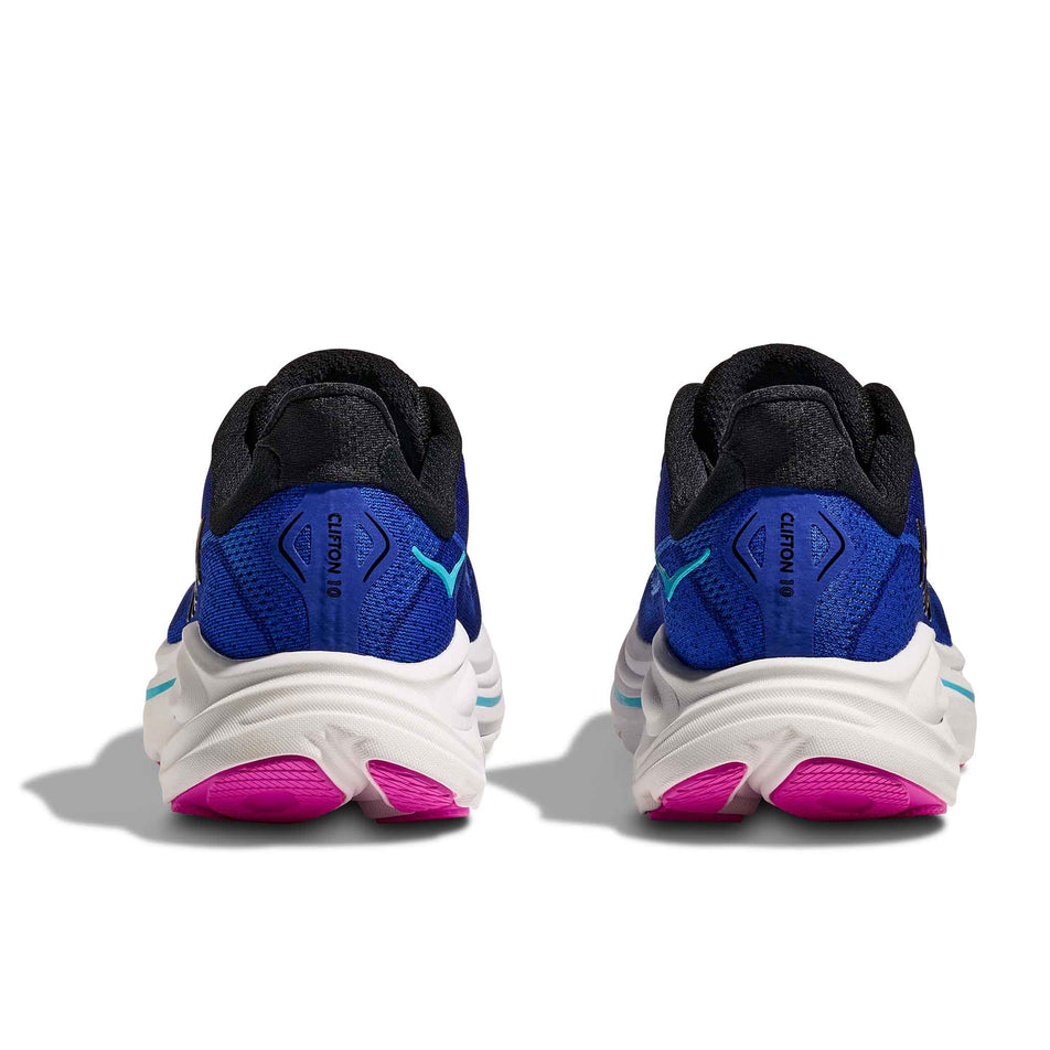 The back of a pair of HOKA Women's Clifton 10 Running Shoes in the Night Sky/Ultramarine colourway. (8689257742498)