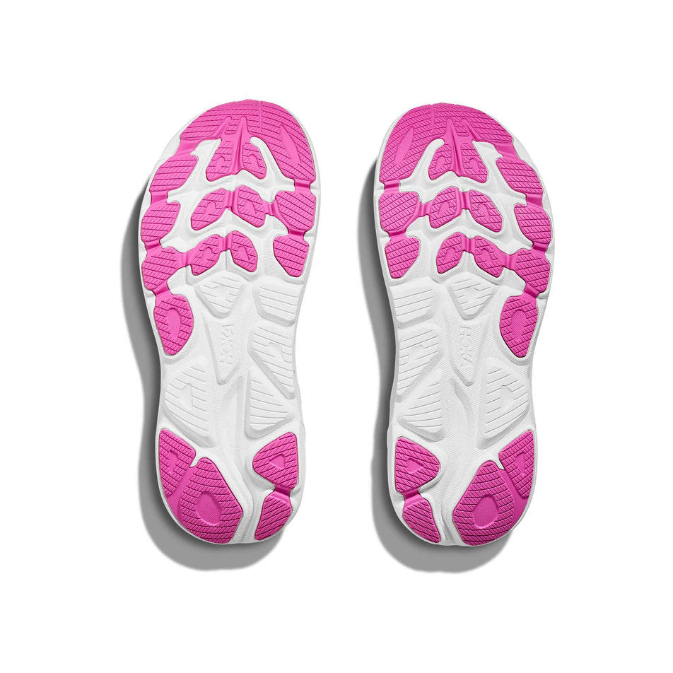 The outsoles of a pair of HOKA Women's Clifton 10 Running Shoes in the Night Sky/Ultramarine colourway. (8689257742498)