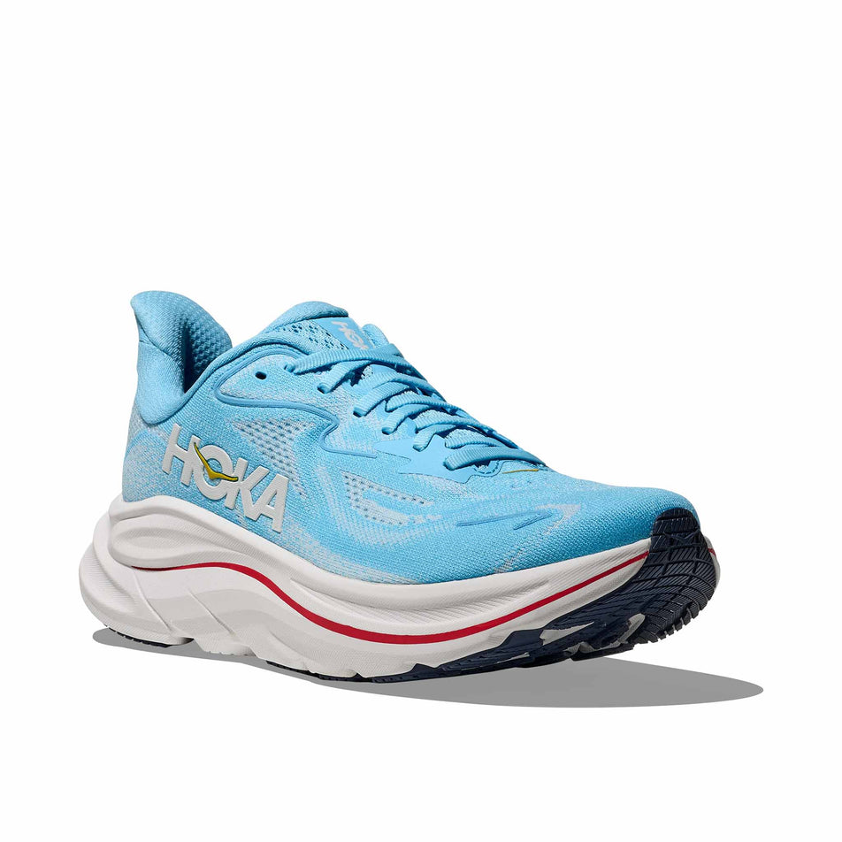 Lateral view of the right shoe from a pair of HOKA Women's Clifton 10 Running Shoes in the Soaring Blue/Frost colourway.