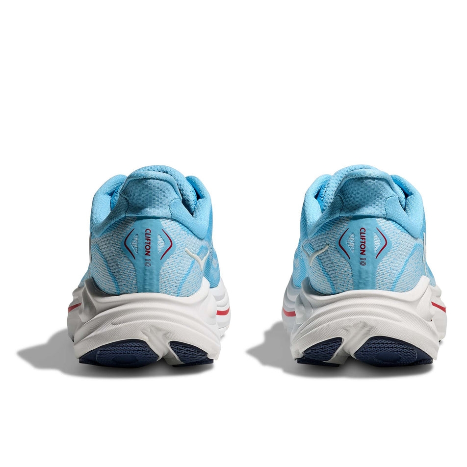 The back of a pair of HOKA Women's Clifton 10 Running Shoes in the Soaring Blue/Frost colourway.