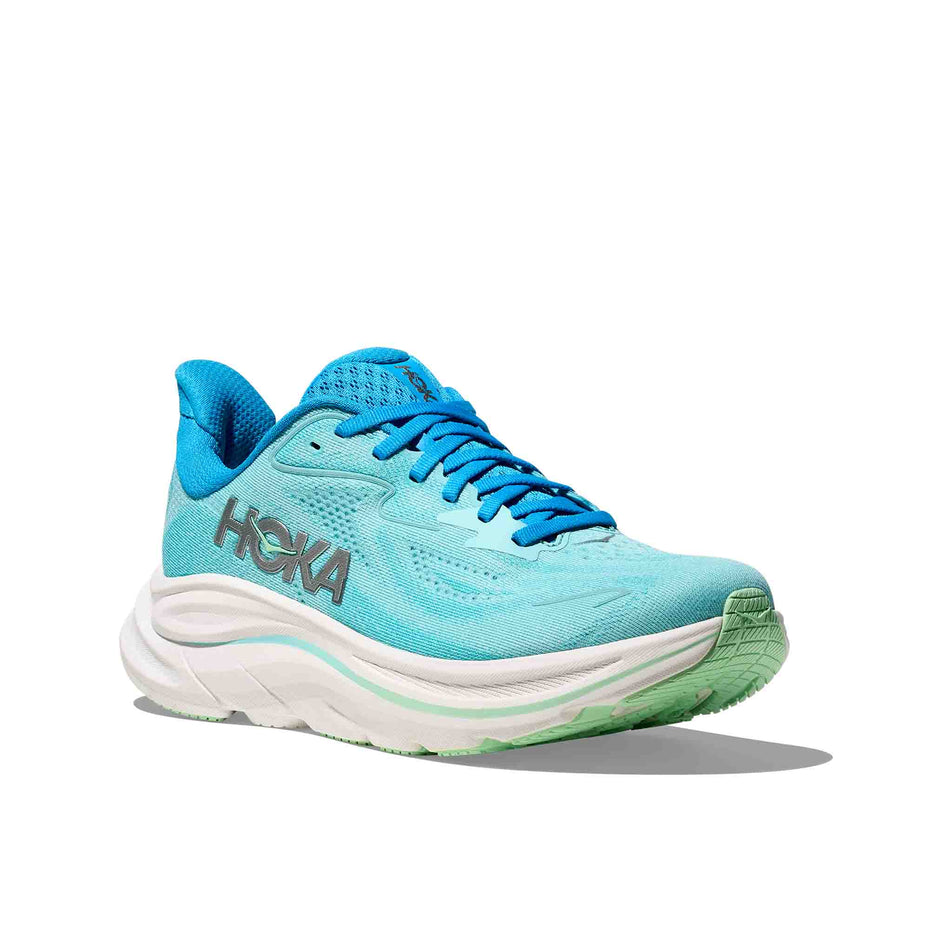 Lateral view of the right shoe from a pair of HOKA Women's Clifton 10 Running Shoes in the Skyward Blue/Cielo Blue colourway. (8637760798882)