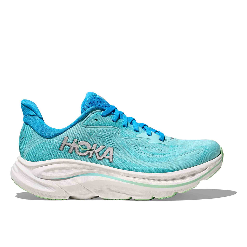 Lateral view of the right shoe from a pair of HOKA Women's Clifton 10 Running Shoes in the Skyward Blue/Cielo Blue colourway. (8637760798882)