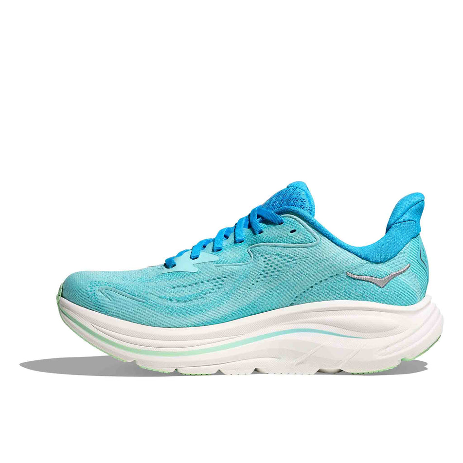 Medial view of the right shoe from a pair of HOKA Women's Clifton 10 Running Shoes in the Skyward Blue/Cielo Blue colourway. (8637760798882)