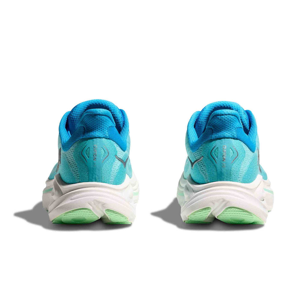 The back of a pair of HOKA Women's Clifton 10 Running Shoes in the Skyward Blue/Cielo Blue colourway. (8637760798882)