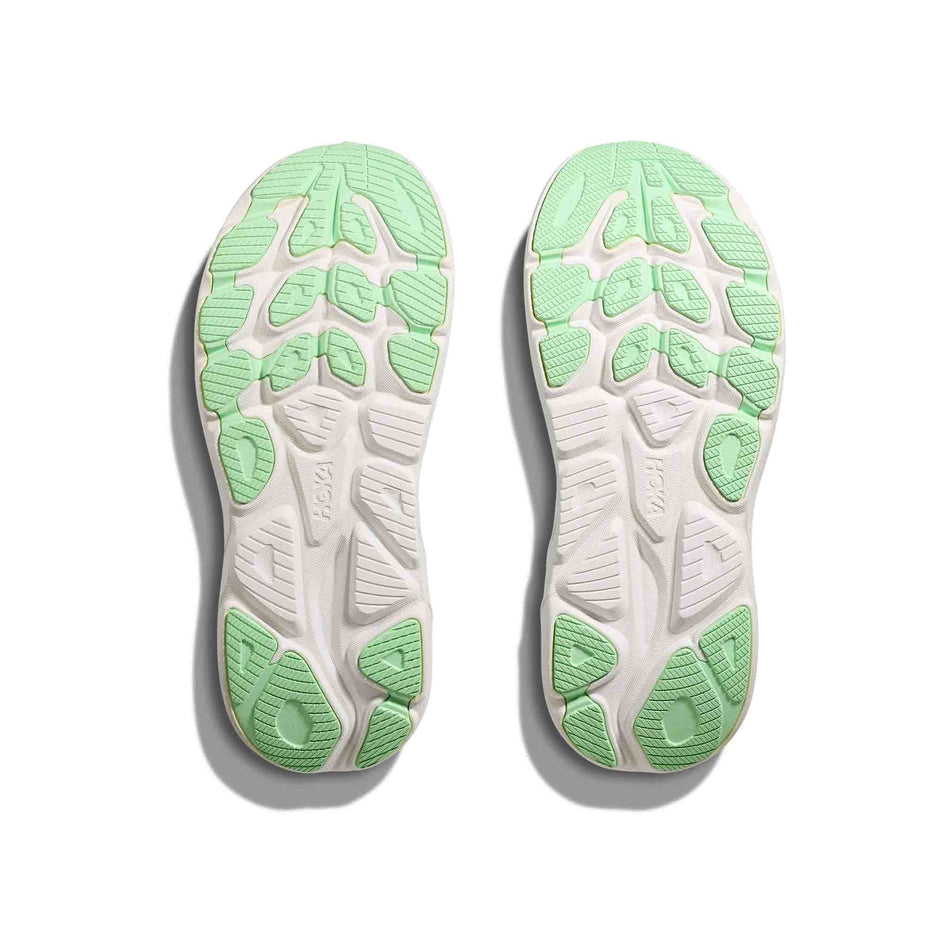 The outsoles of a pair of HOKA Women's Clifton 10 Running Shoes in the Skyward Blue/Cielo Blue colourway. (8637760798882)