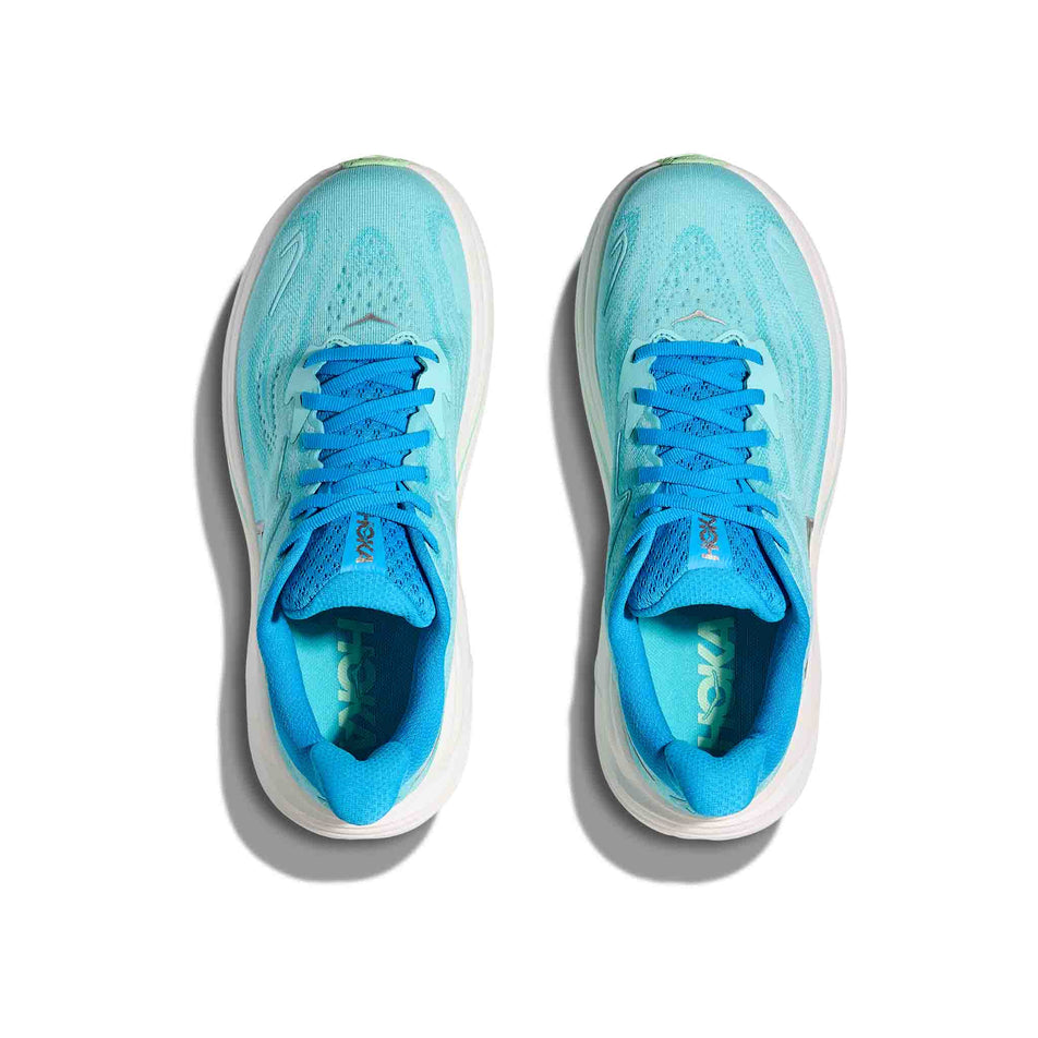 The uppers of a pair of HOKA Women's Clifton 10 Running Shoes in the Skyward Blue/Cielo Blue colourway. (8637760798882)