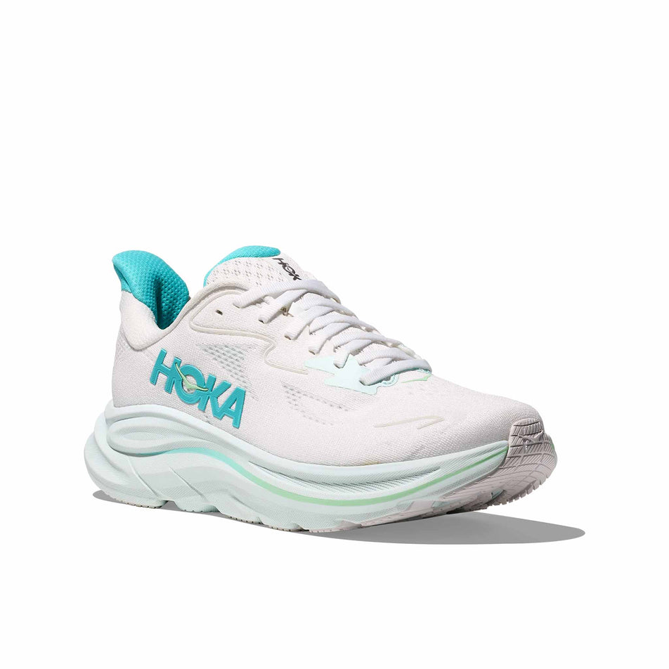 Lateral view of the right shoe from a pair of HOKA Women's Clifton 10 Running Shoes in the White/Cielo Blue colourway. (8637769875618)