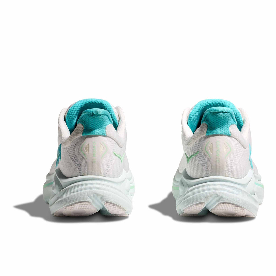 The back of a pair of HOKA Women's Clifton 10 Running Shoes in the White/Cielo Blue colourway. (8637769875618)
