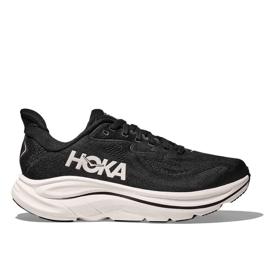 Lateral view of the right shoe from a pair of HOKA Women's Clifton 10 Wide Running Shoes in the Black/White colourway. (8637785374882)