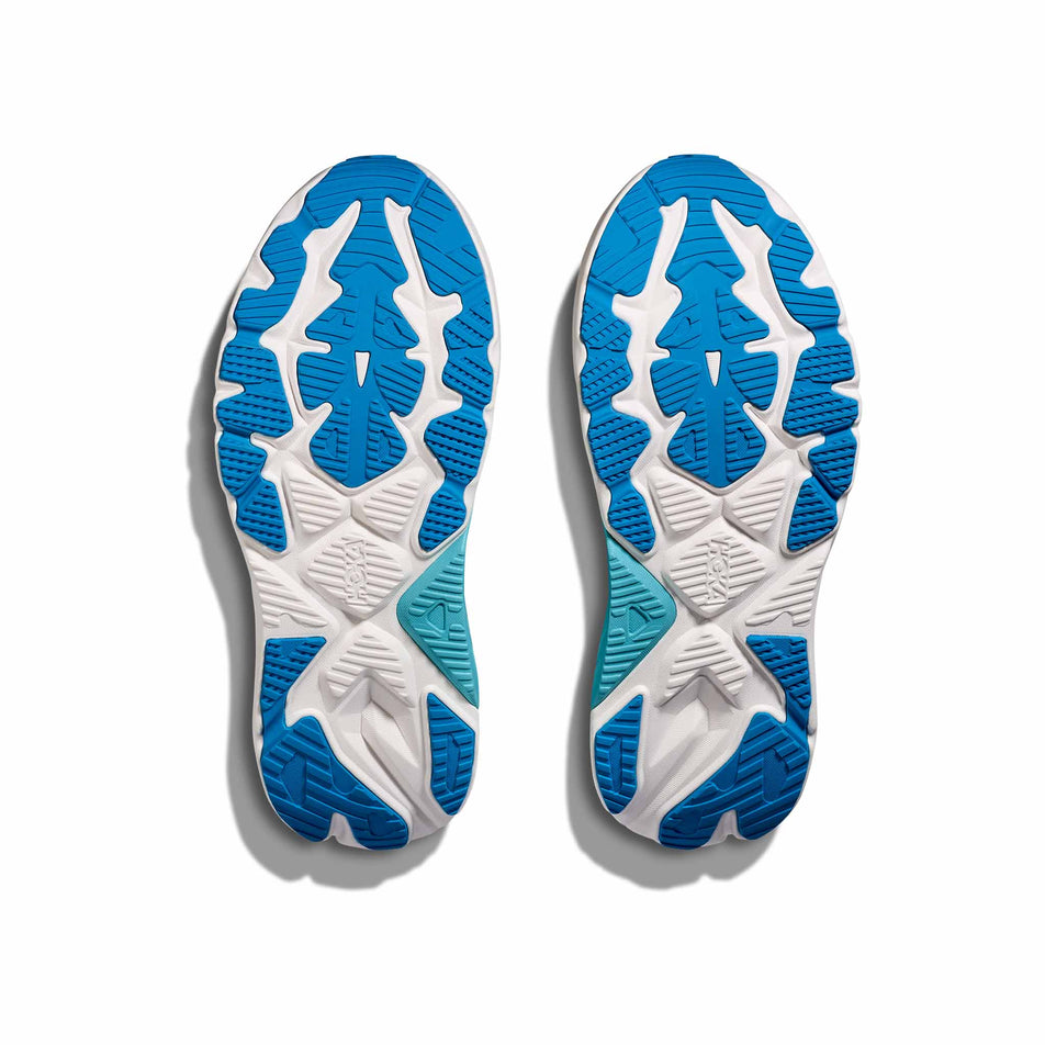 The outsoles of a pair of HOKA Men's Arahi 8 Running Shoes in the Black/Skyward Blue colourway. (8689208328354)