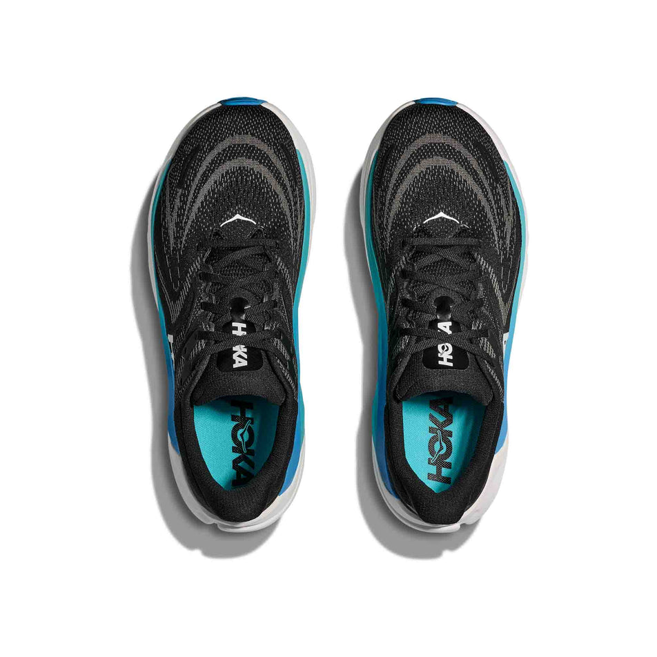 The uppers of a pair of HOKA Men's Arahi 8 Running Shoes in the Black/Skyward Blue colourway. (8689208328354)