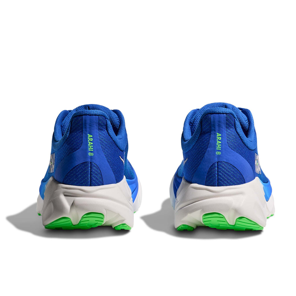 The back of a pair of HOKA Men's Arahi 8 Running Shoes in the Cobalt Blue/Neon Green colourway.