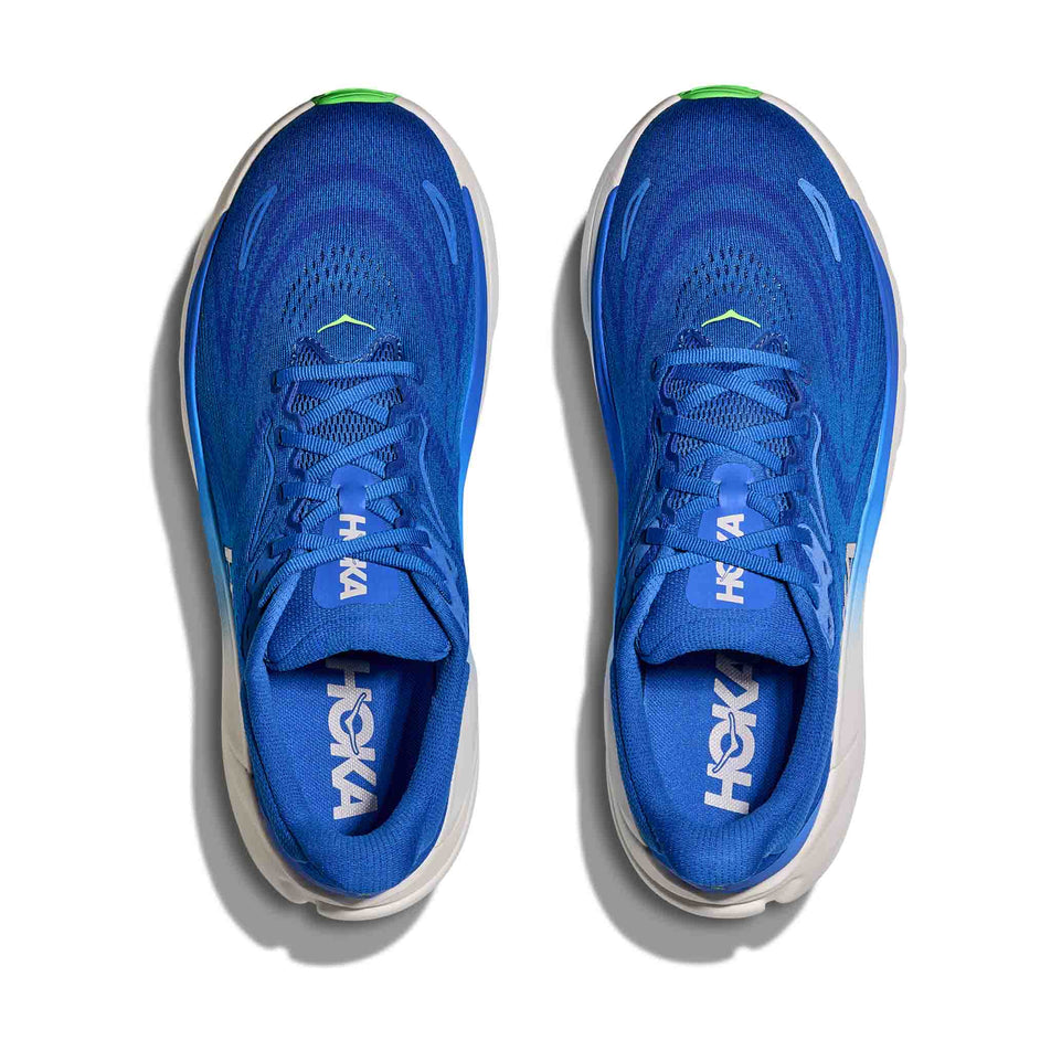 The uppers of a pair of HOKA Men's Arahi 8 Running Shoes in the Cobalt Blue/Neon Green colourway.