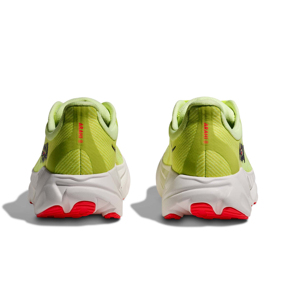 The back of a pair of HOKA Men's Arahi 8 Running Shoes in the Neon Yuzu/Neon Flame colourway.