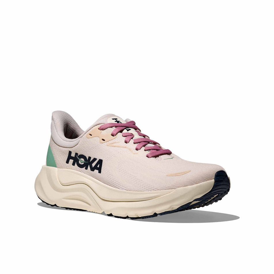 Lateral view of the right shoe from a pair of HOKA Women's Arahi 8 Running Shoes in the Rose Cream/Alabaster colourway. (8689326129314)