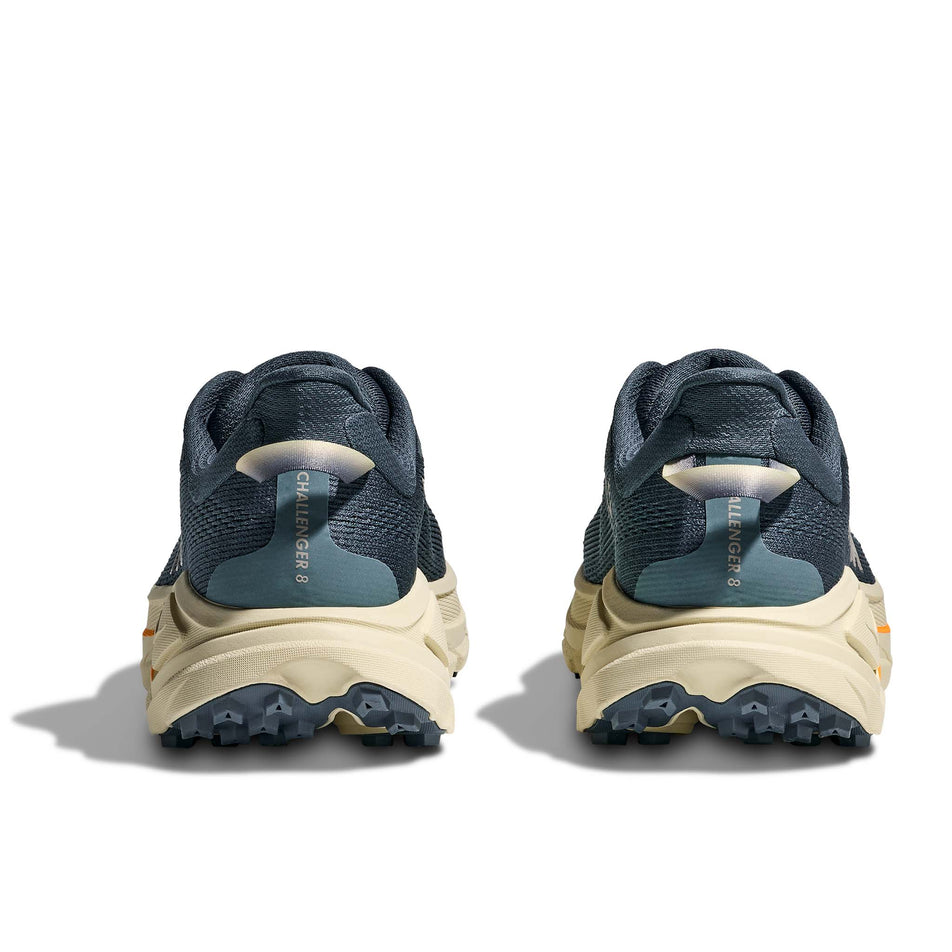 The back of a pair of HOKA Men's Challenger 8 Running Shoes in the Faded Navy/Pampass Grass colourway.