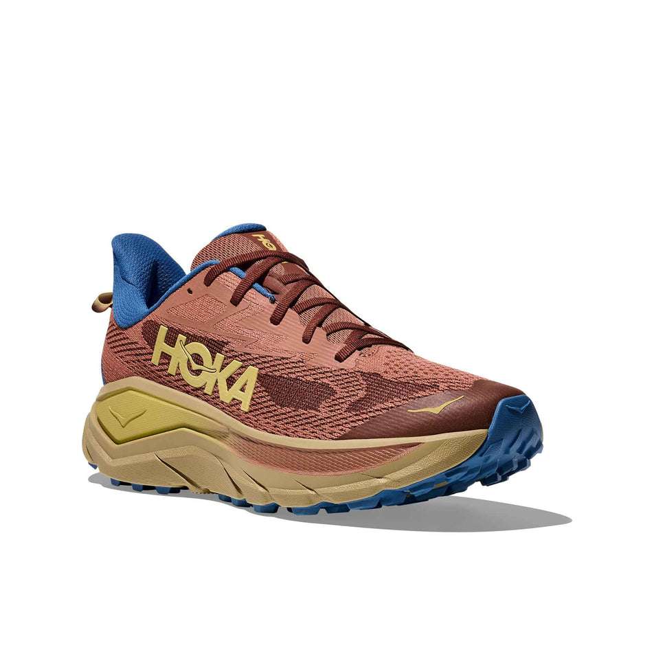 Lateral view of the right shoe from a pair of HOKA Men's Challenger 8 Running Shoes in the Maple/Cardamom colourway. (8689254105250)