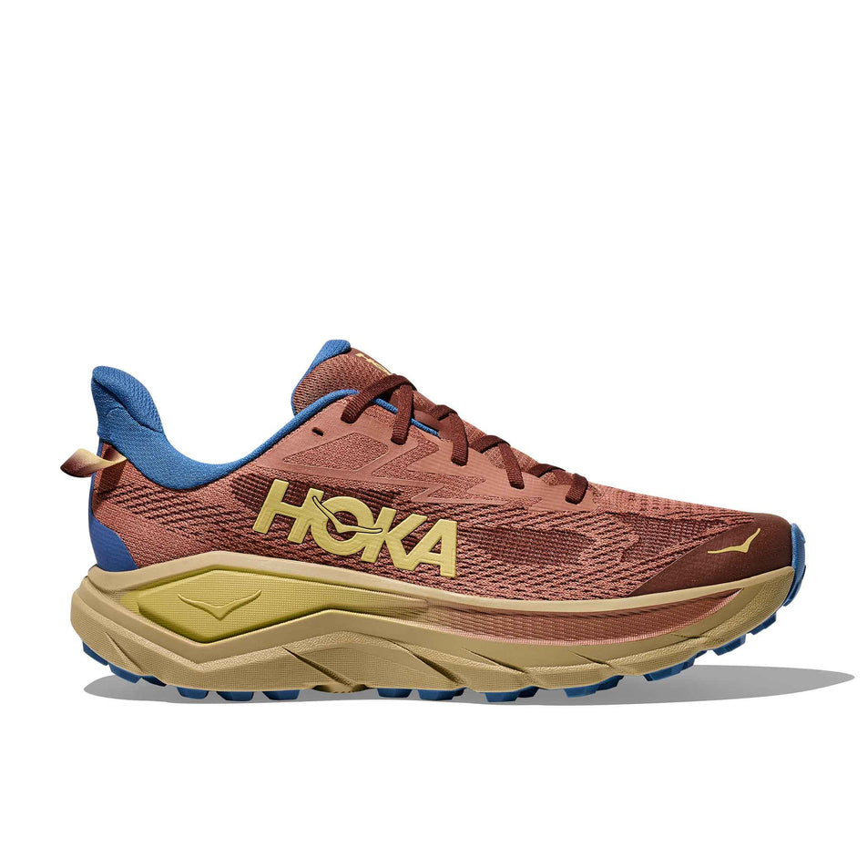 Lateral view of the right shoe from a pair of HOKA Men's Challenger 8 Running Shoes in the Maple/Cardamom colourway. (8689254105250)