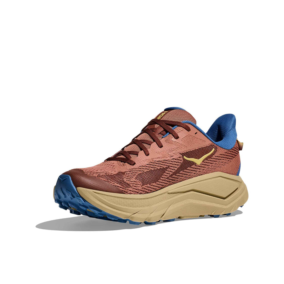 Medial view of the right shoe from a pair of HOKA Men's Challenger 8 Running Shoes in the Maple/Cardamom colourway. (8689254105250)