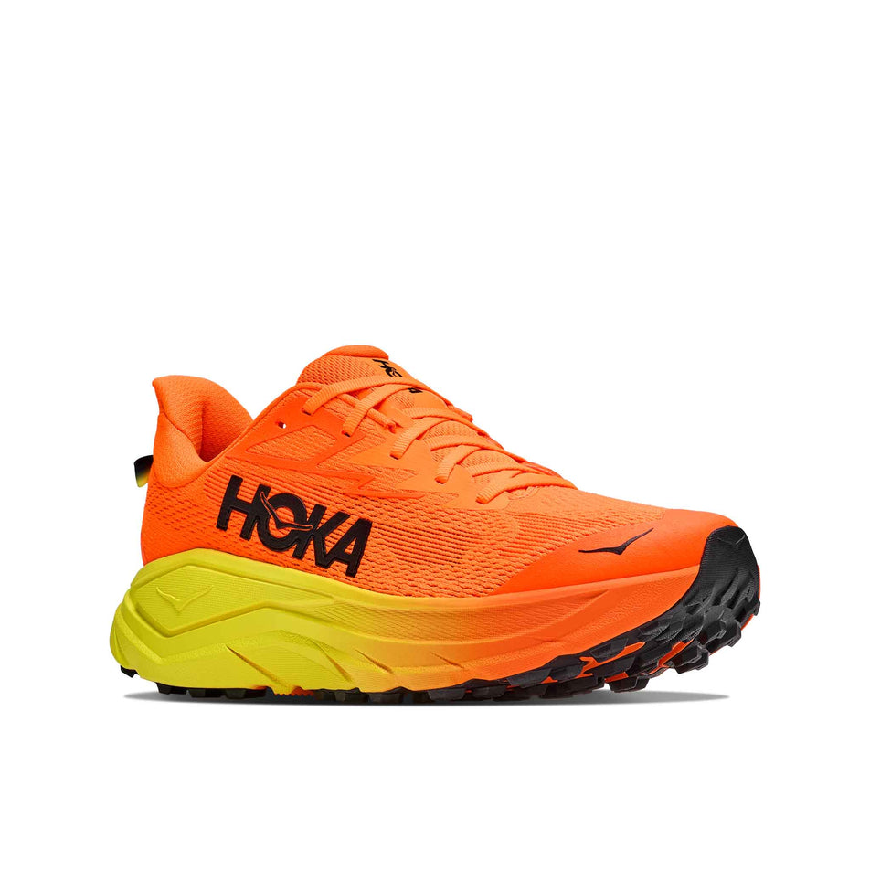 Lateral view of the right shoe from a pair of HOKA Men's Challenger 8 Running Shoes in the Neon Tangerine/Hoka Citrus colourway.