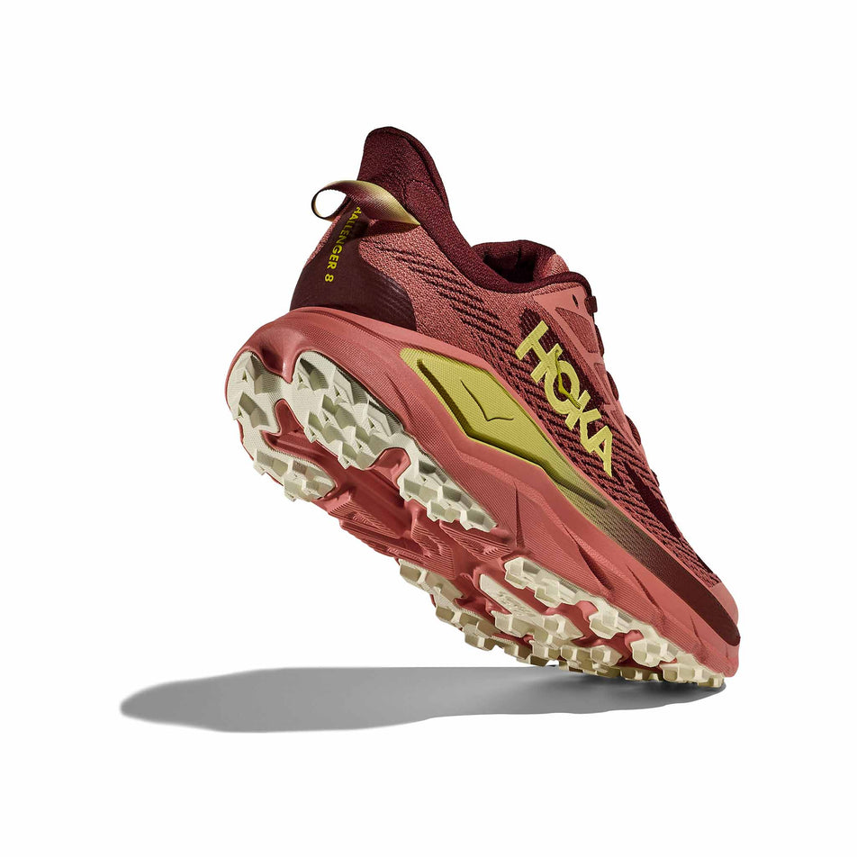 Lateral - and outsole - view of the right shoe from a pair of HOKA Women's Challenger 8 Running Shoes in the Blush/Dark Cedar colourway. (8689379344546)