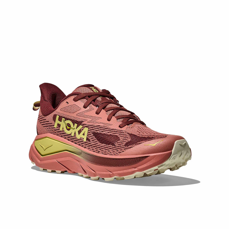 Lateral view of the right shoe from a pair of HOKA Women's Challenger 8 Running Shoes in the Blush/Dark Cedar colourway. (8689379344546)