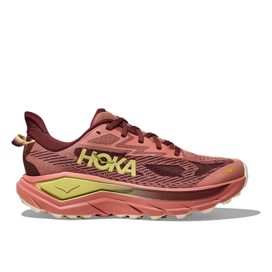 Lateral view of the right shoe from a pair of HOKA Women's Challenger 8 Running Shoes in the Blush/Dark Cedar colourway. (8689379344546)